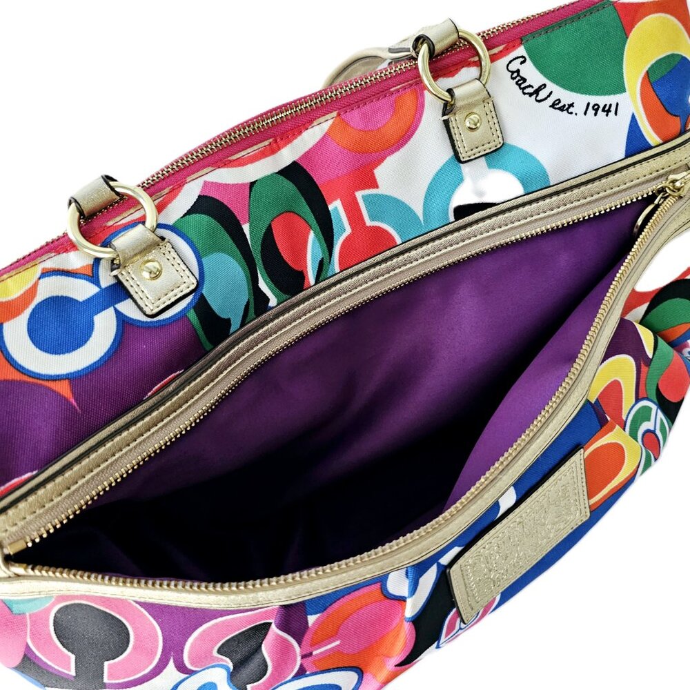 Coach Poppy Rare Vintage Bright Multicolor Gold Accents Purse Tote Style #F20080 - Picture 7 of 16